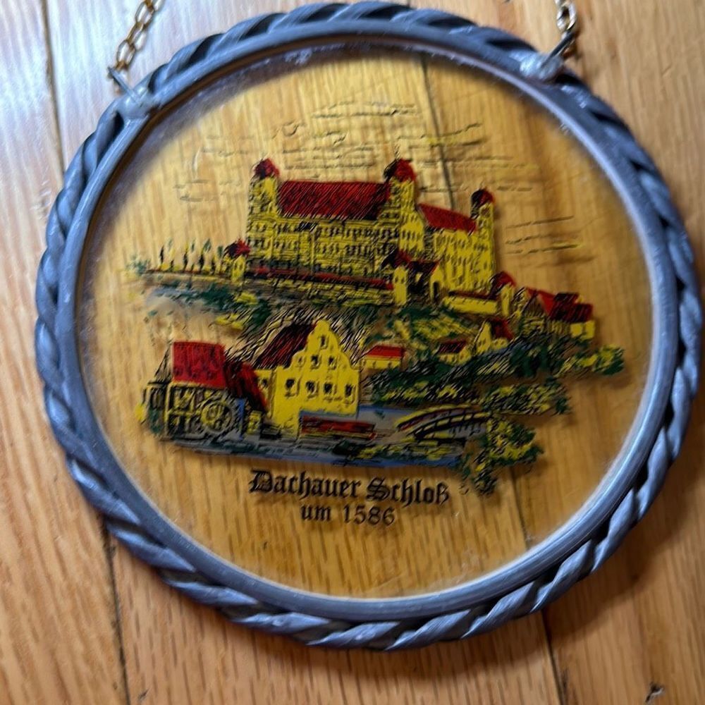 Painted glass Wall hanger plaque “dachauer schloh um 1586” yellow painted glass